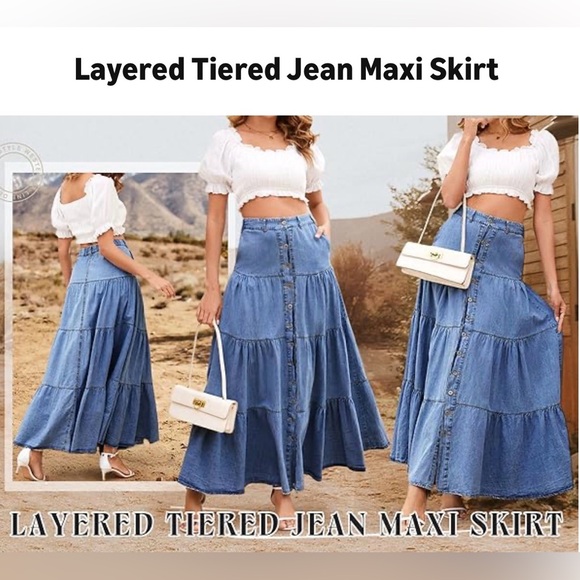 Elastic High Waisted A Line Long Denim Skirt Button Ruffle Tiered Jean pocket - Picture 3 of 4